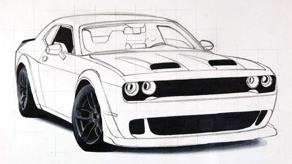 How to Draw a Dodge Challenger SRT Hellcat Easy StepbyStep